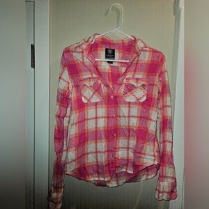 American eagle small plaid long sleeve fall pink orange white button down top